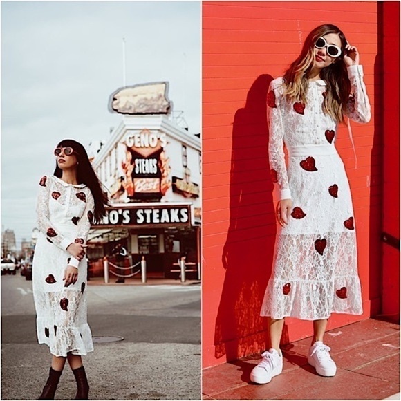 NWT FOR LOVE & LEMONS x JAMIE KING White Lace Red Sequin Hearts Midi Dress Sz S - Picture 1 of 14